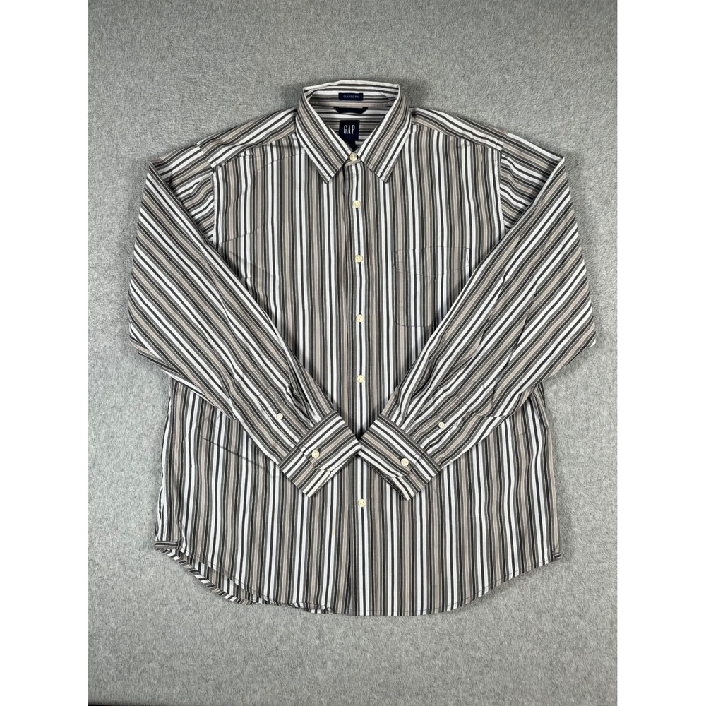 Gap Mens Classic Fit Long Sleeve Button Down Striped Cotton Shirt Grey Brown L